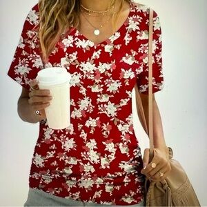 Red Floral Short Sleeve v-neck top with ruching woman 3XL stretch